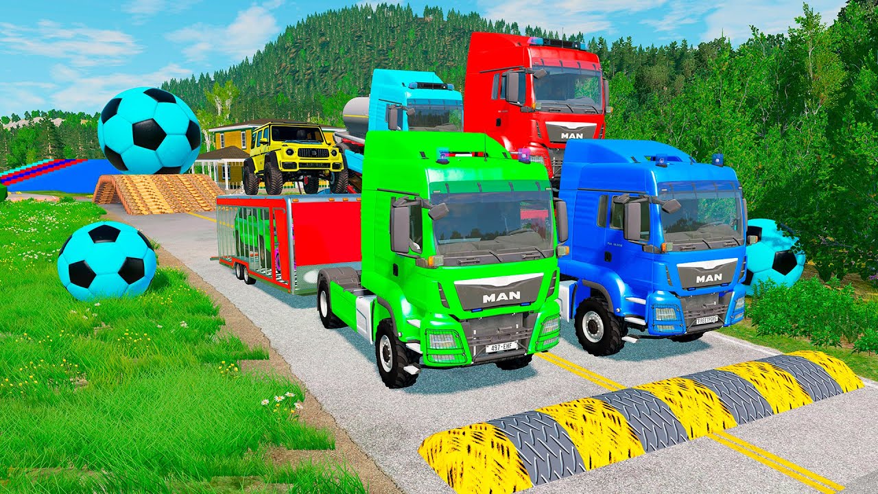 Triple Flatbed Trailer McQueen Transportation with Truck - Speedbumps vs Cars vs Train - BeamNG 0125