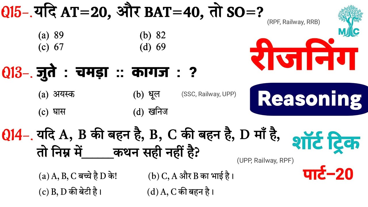 Reasoning प्रैक्टिस Set–20 | SSC | Railway | UPP | CGL CHSL MTS | RPF RRB NTPC | Mori Classes