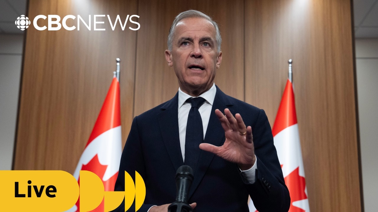 Prime Minister Mark Carney speaks to the media after meetings in Saudi Arabia