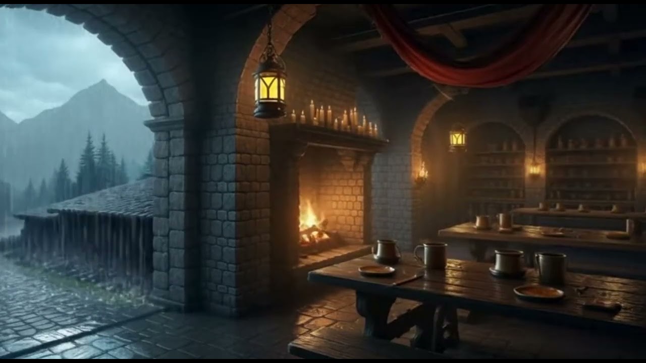 Cozy Medieval Tavern 🌩️🔥 Medieval Thunderstorm Ambience | Study/Relax/Focus (3 Hours)