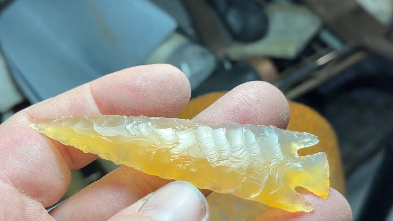 Knapping a Brazilian Agate arrowhead from a ground preform.
