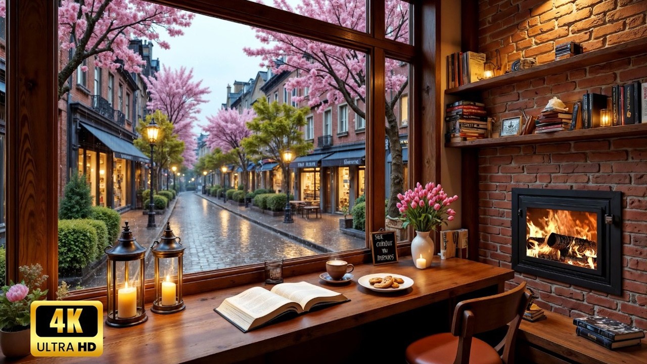 Relaxing Spring Jazz Music   Soft Piano Vibes with Rain & Fireplace Sounds for Study & Work