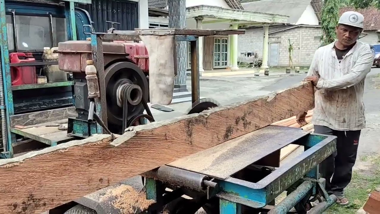 Penggergajian kayu kelapa di halaman markas
