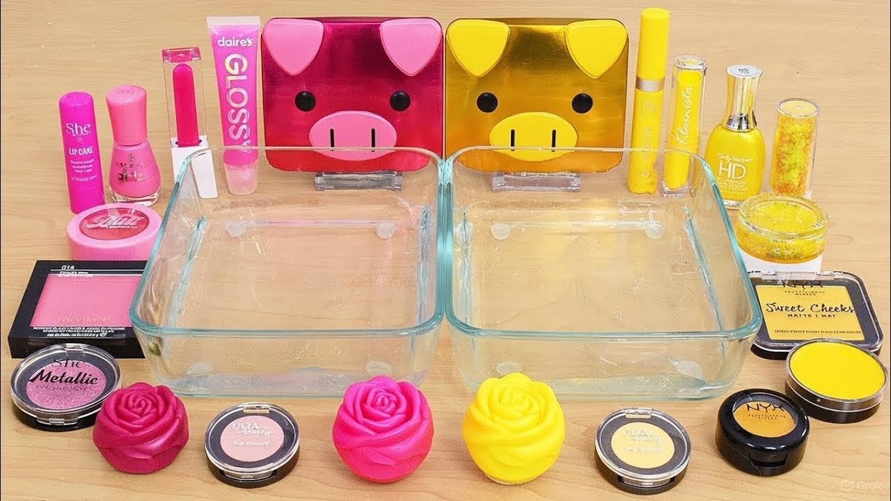 Pretty Pink vs Yellow - Mixing Makeup Eyeshadow Into Slime ASMR | Anaya Slime