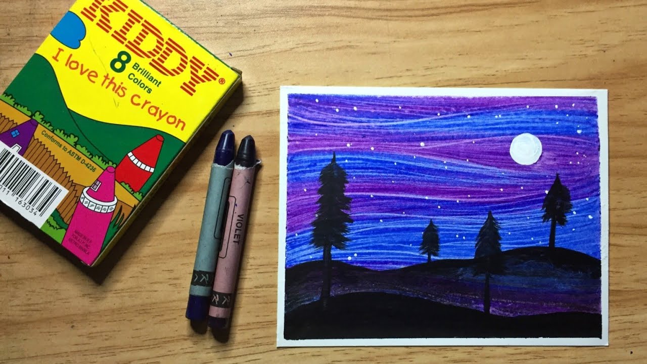 How to Draw Easy Night Sky Scenery with Wax Crayon