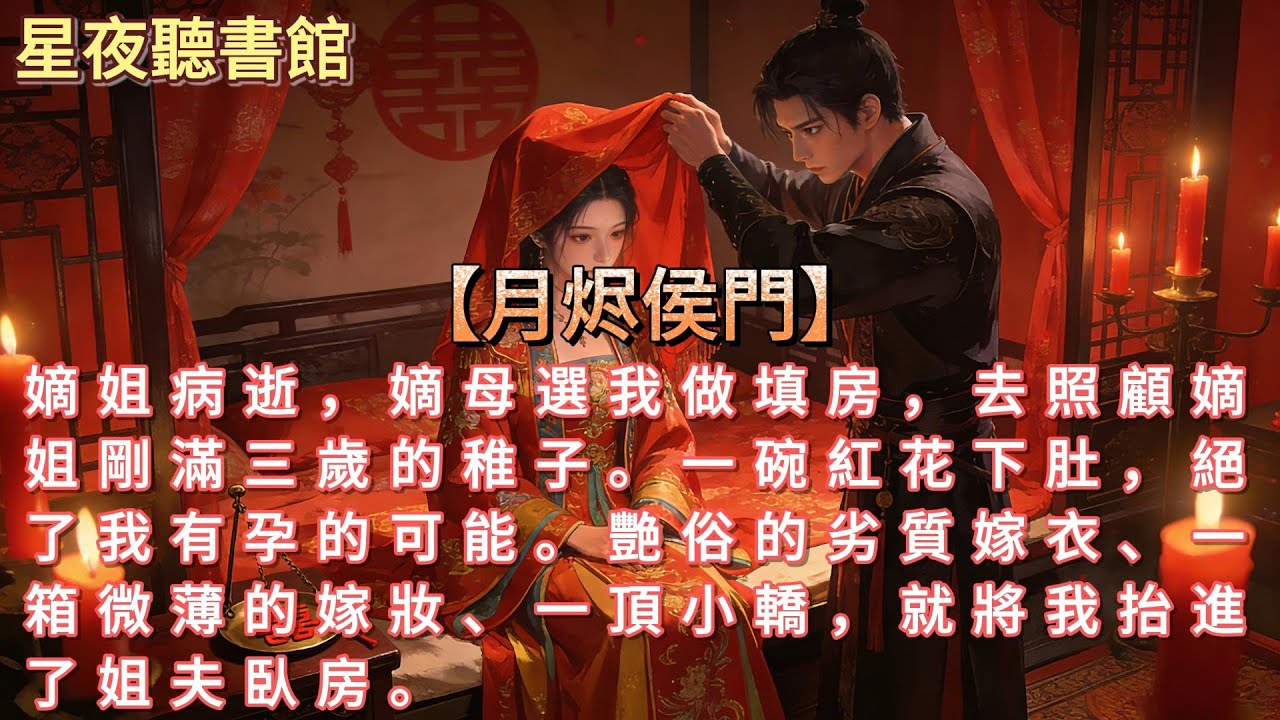 《月烬侯門》嫡姐病逝，嫡母選我做填房，去照顧嫡姐剛滿三歲的稚子。一碗紅花下肚，絕了我有孕的可能。艷俗的劣質嫁衣、一箱微薄的嫁妝、一頂小轎，就將我抬進了姐夫臥房。 #婚姻 #故事 #情感 #有聲小說