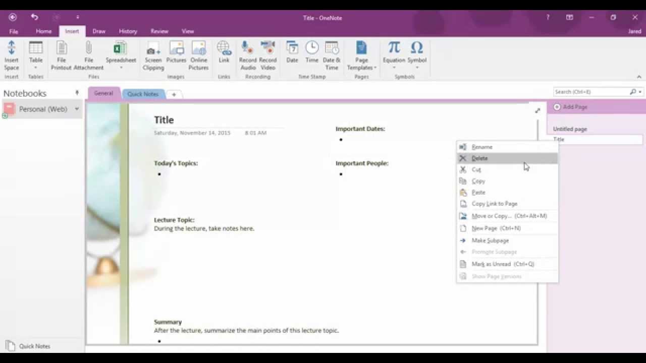 OneNote 2016 Page Templates
