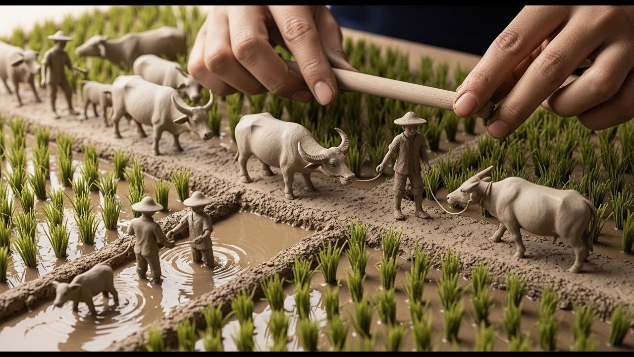 ASMR Clay Crafting 💤 Making a Mini Rice Field with Buffalo & Farmers