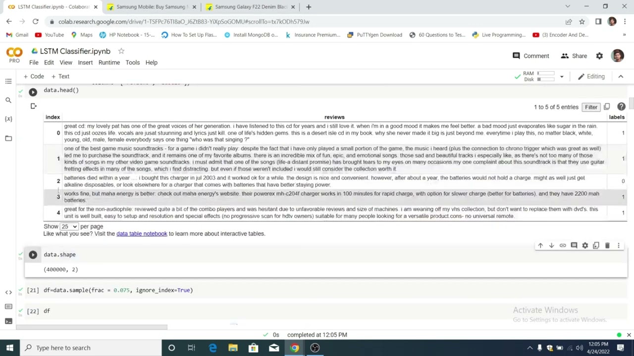 LSTM Review classification- LSTM implementation for Reviews Data with Word Embedding