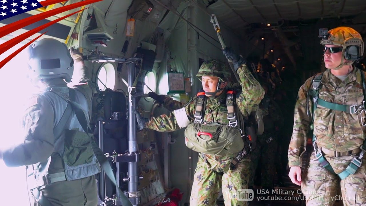 Japanese Elite Paratroopers Jump Out from USAF C-130