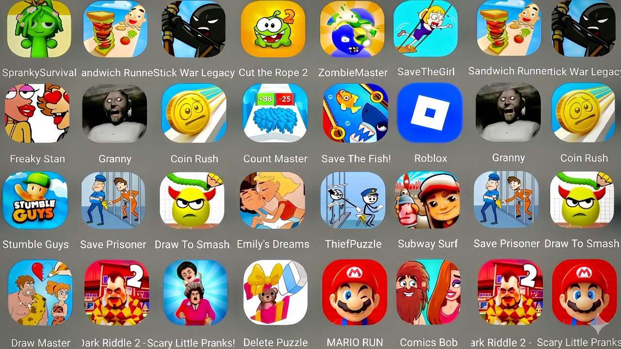 Roblox, Scary Teacher 3D, Minecraft, Save The Fish, Spider Fight 3D, My Tom 2, Going Balls 