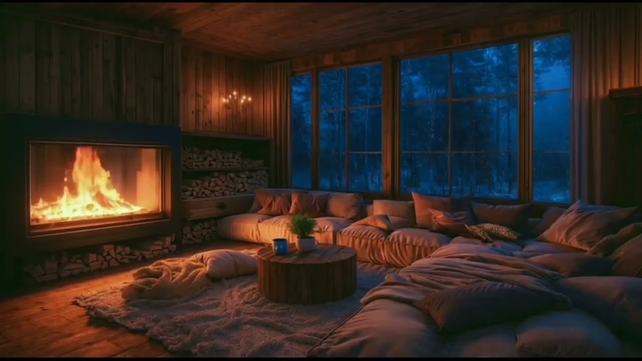 🏡 Cozy Warm Cabin | Fireplace with Rain Outside the window | Fire and Rain Sound ASMR
