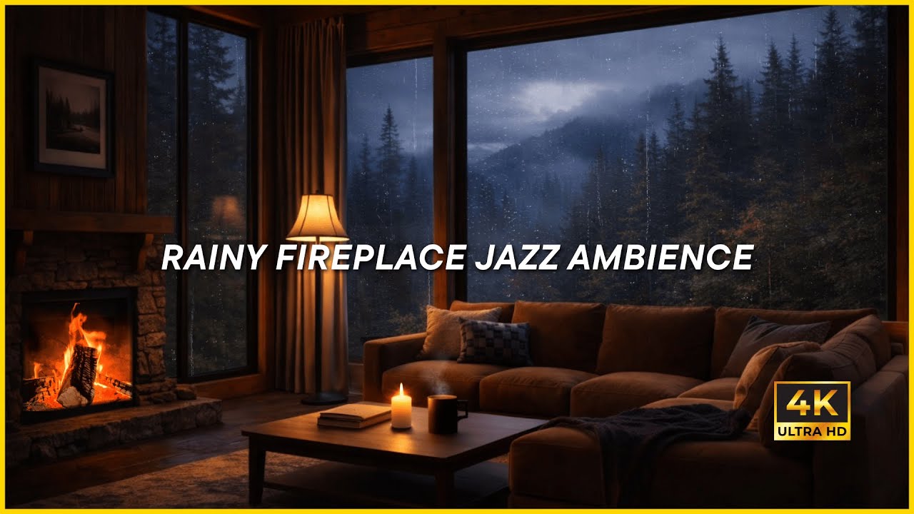 RAINY FIREPLACE JAZZ AMBIENCE (4K) | Cozy Winter Night for Relax, Focus & Sleep
