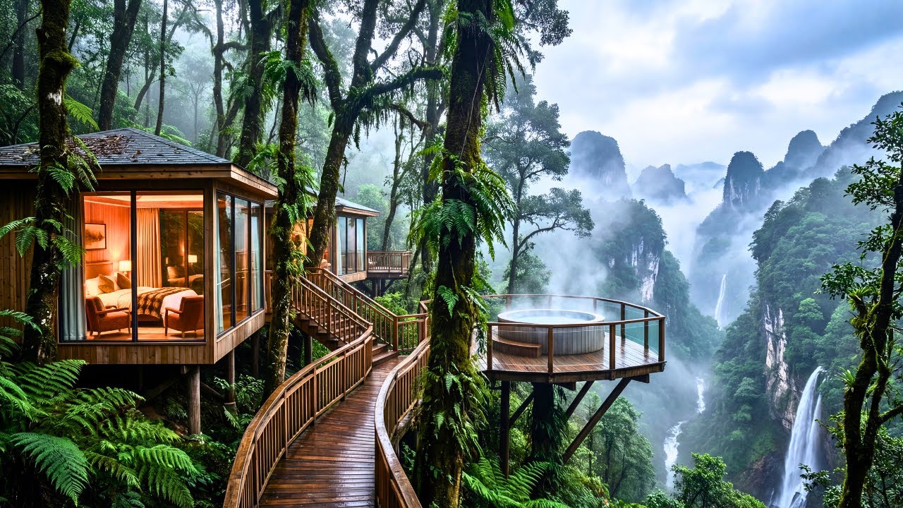 Solo Treehouse Build on a High Cliff Above a Waterfall (ASMR)