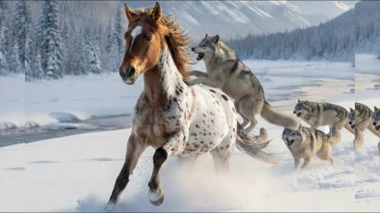 White Arabian Horse Chased by wolfe in the Snowy Grasslands – Intense Wild Chase