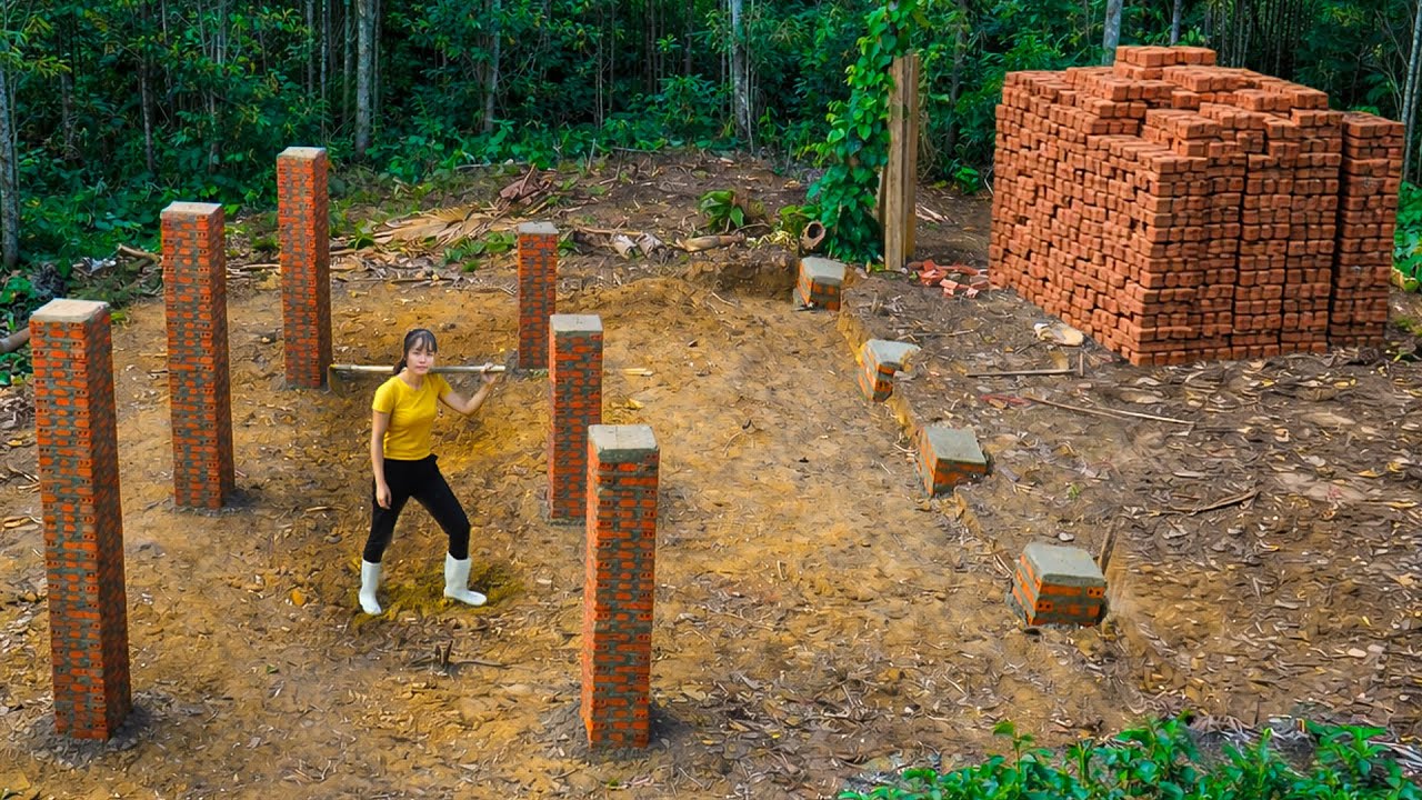 Building Her Dream Home | Young Woman Digs the Foundation and Raises Solid Pillars