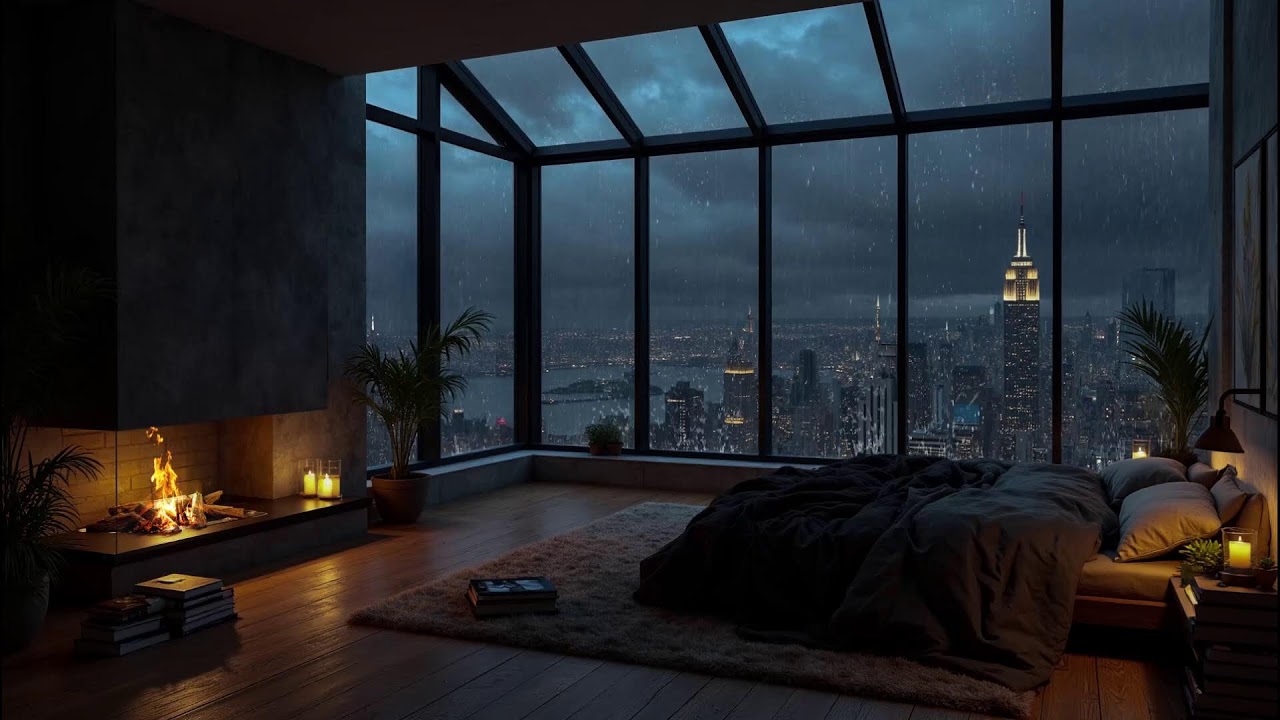 Relaxing Rain in New York City 🌧️ Cozy Dark Bedroom & Rain On Window, Warm Fireplace for Deep Sleep