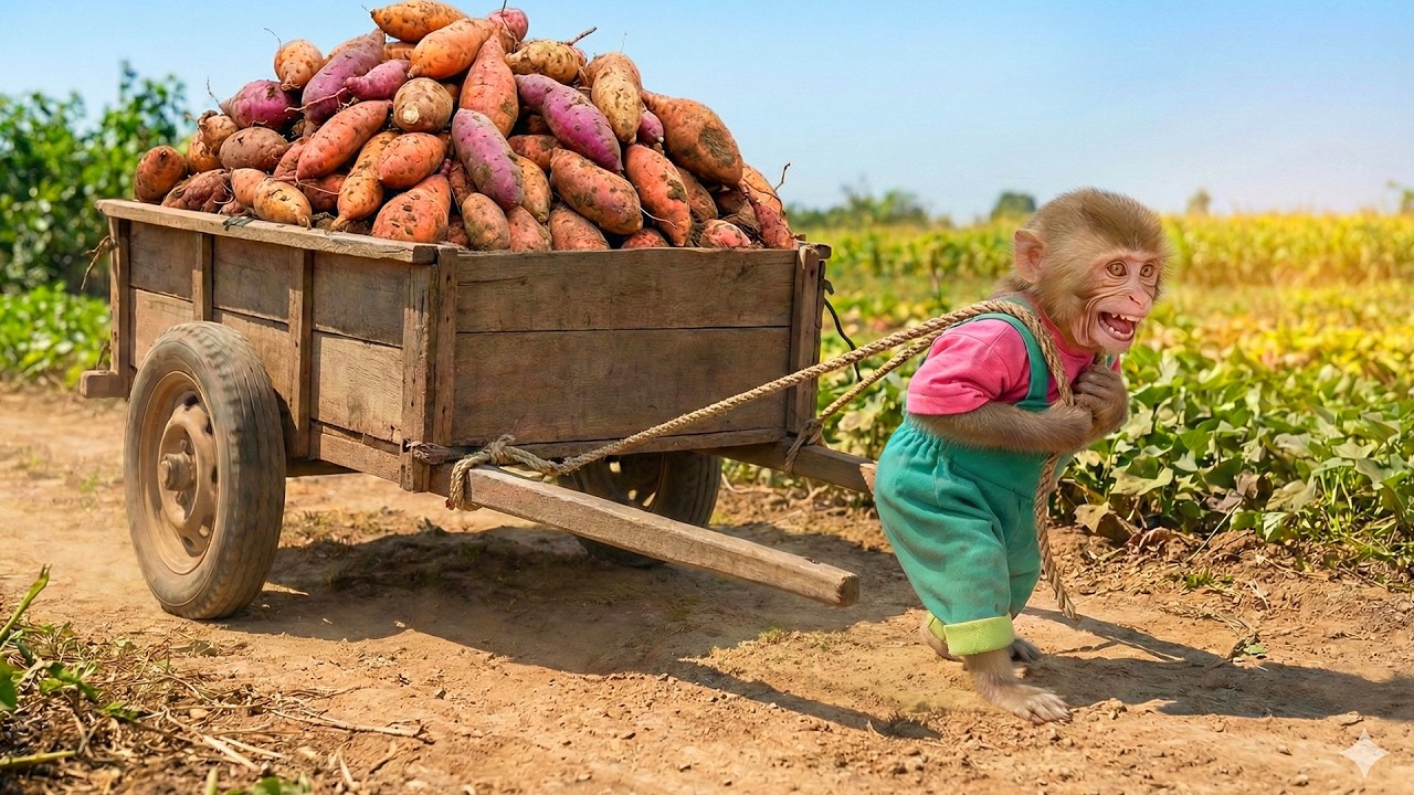 OMG! Monkey Bon & Moon Find Giant Sweet Potato -Dad Can’t Believe It 😲