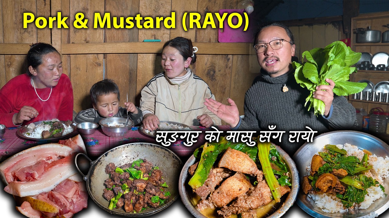 Pork & Rayo (Mustard) recipe with rice Cooking & eating in Nepali Village || New Village Food vlog