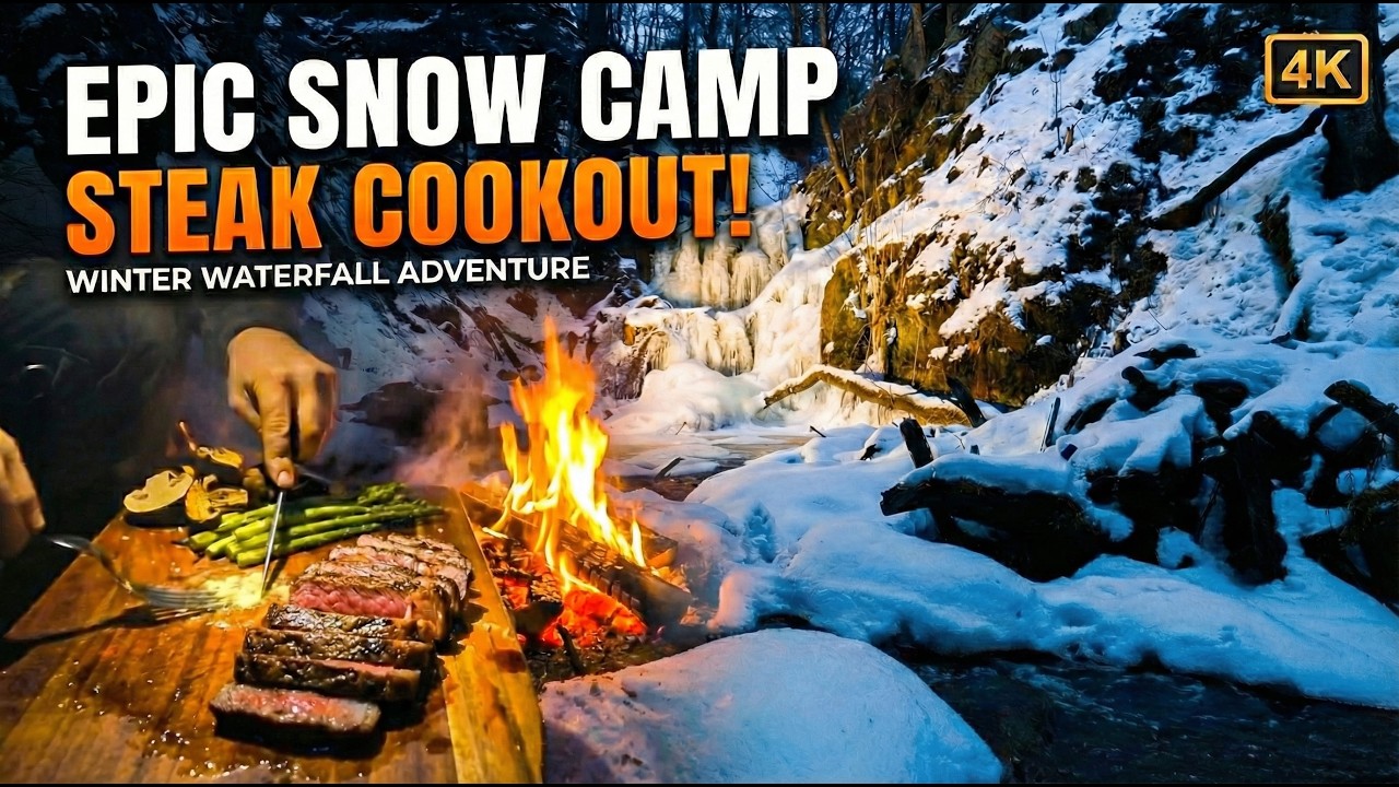 Cooking Steak Under a Frozen Waterfall ❄️🔥 | ASMR Nature Sounds