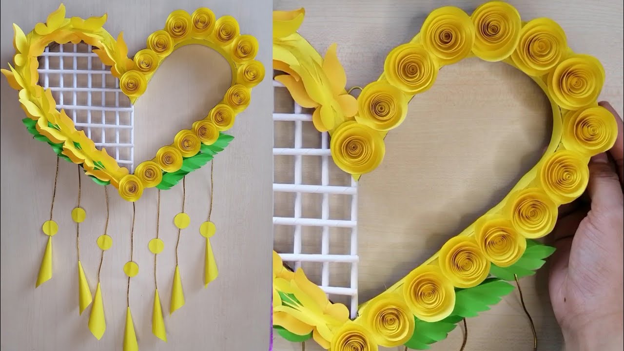 Yellow Rolled Paper Rose Wall Hanging Craft - Wall decor craft idea