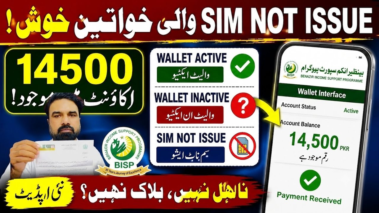 BISP 14500 Payment Update | SIM Not Issue والی خواتین کیلئے بڑی خوشخبری | Wallet Active/Inactive 