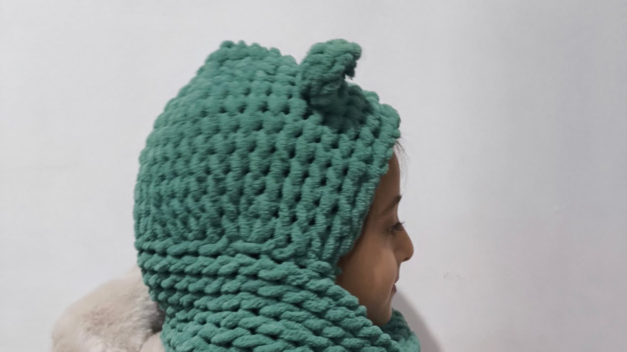 2-4yaş çocuk şapkali atkı puffy ipten kulaklı #atkı  yapımı detaylaryla burgu model  #örgü #crochet
