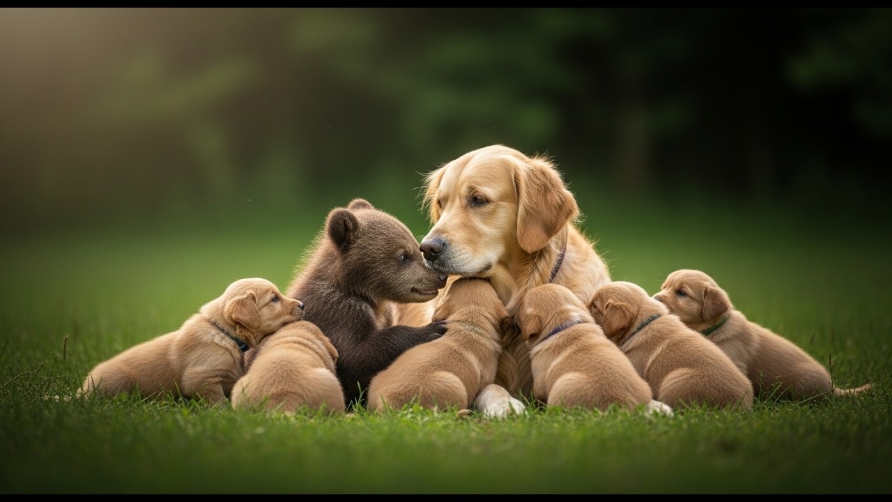 Mother Dog Rescues and Raises Orphan Bear Cub with Her Puppies,what happened next was unbelievable