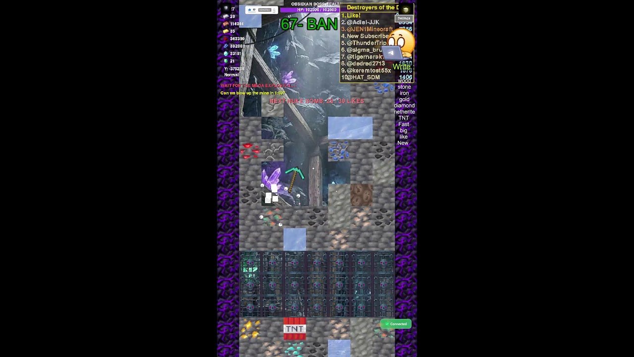 FALLING PICKAXE Chat Control TNT-Boom | LIKE=MEGA TNT | Viewer Leaderboard #minecraft #shorts