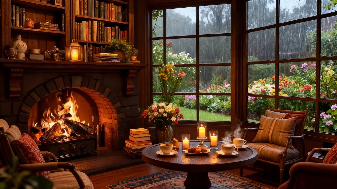 Cozy Rainy Coffee Shop Jazz ☕ Warm Fireplace & Relaxing Piano Jazz For deep Focus