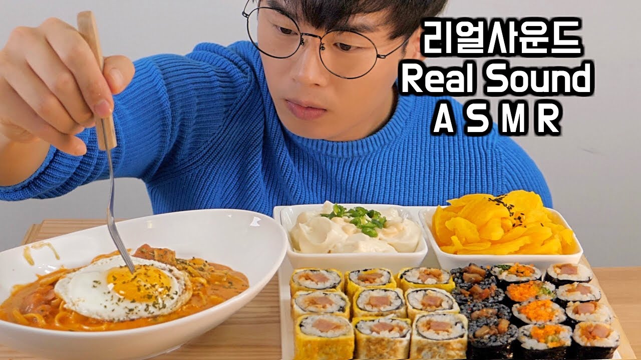 스쿨푸드 - 매운까르보나라 떡볶이 +  스팸치즈계란말이 김밥 리얼사운드 ASMR 먹방 - tteokbokki