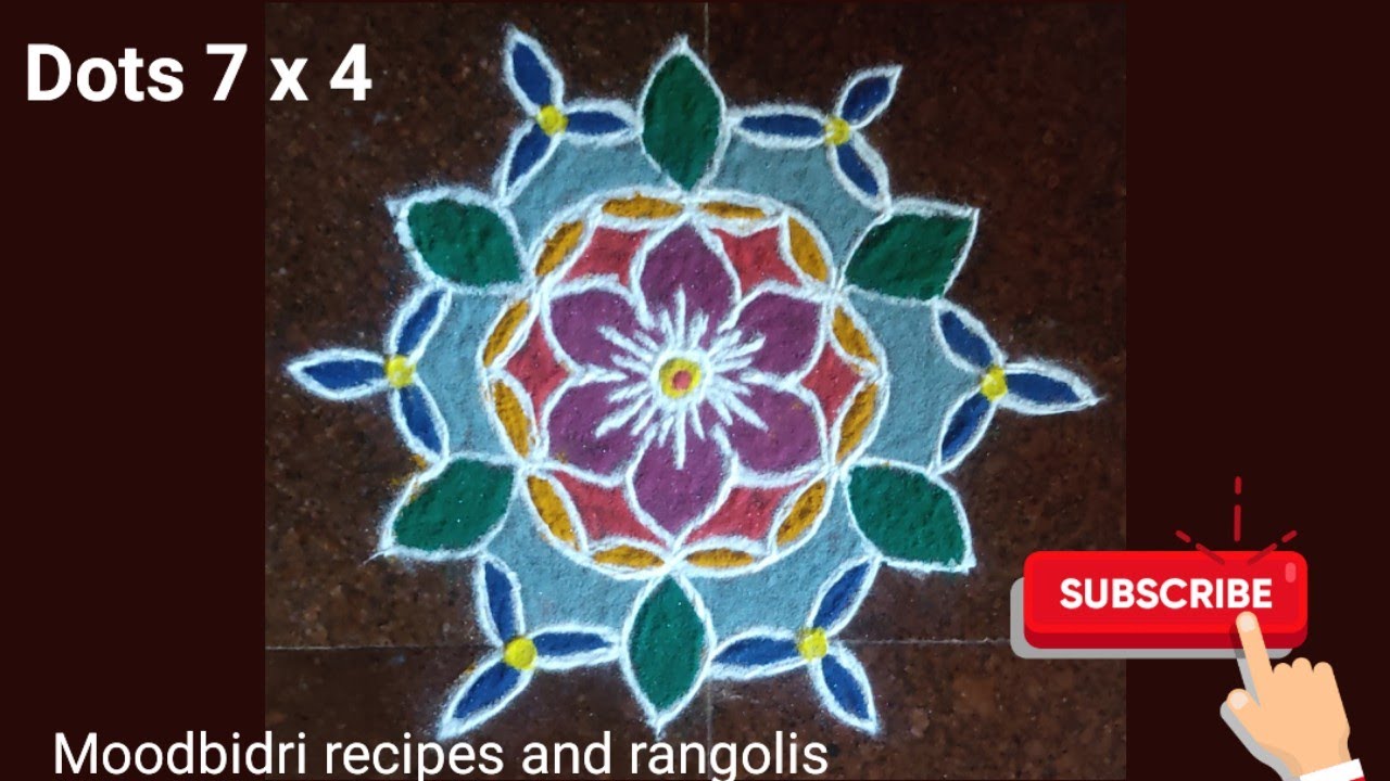 Beautiful Flower Rangoli design for Friday Puja..Dots 9 x 5 ಆಕರ್ಷಕ ಹೂಗಳ ರಂಗೋಲಿ 