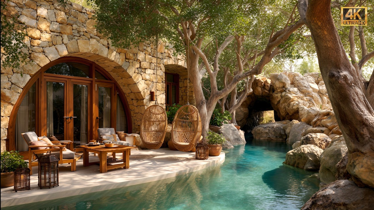 Hidden Mediterranean Pool • Summer Water Sounds, Cicadas & Gentle Birds • Brown Noise • 8 Hours • 4K