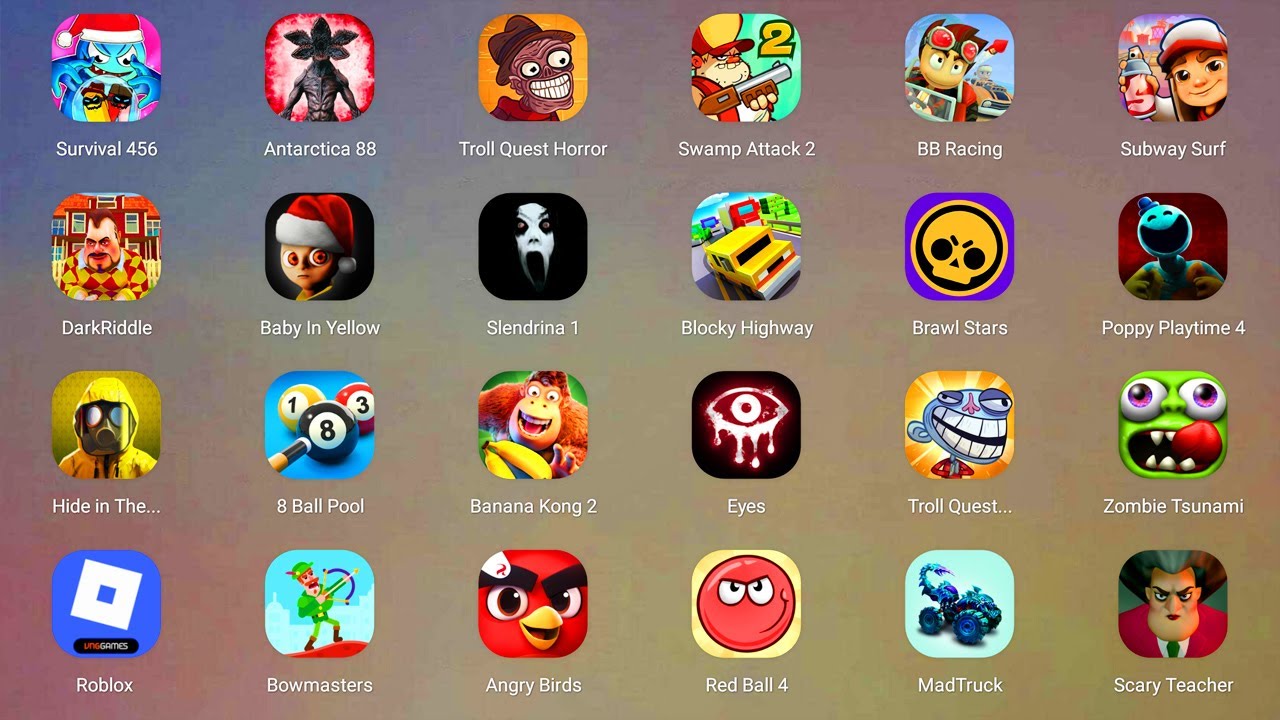 Roblox,Mr Funny's ToyShop,The Baby in Yellow,Poppy Playtime 5,Brawl Stars,Beach Buggy,Scary Teacher.