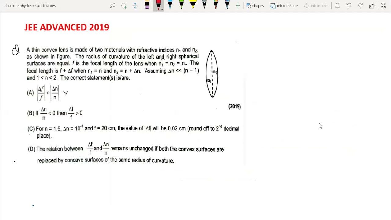 jeeadvanced 2019solution/A thin convex lens is made of two materials with refractive indices n,andn2