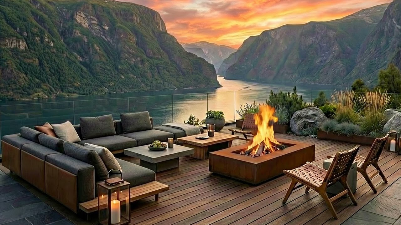Norwegian Fjords & Fireplace with Ambient Piano Jazz | Calm Background for Focus, Reading & Evenings