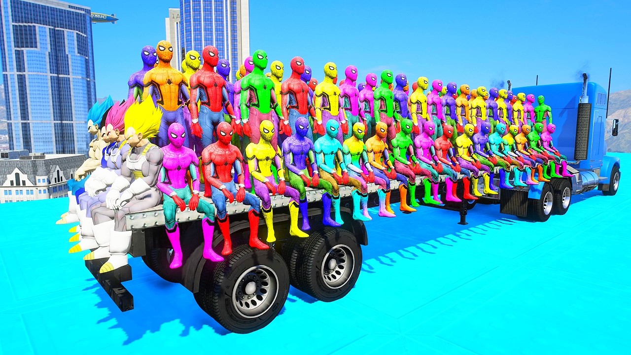 Pro 100 Superheroes Team Dancing on Long Flatbed Trailer In GTA V // Spiderman Vs Avengers VS Hulk#2