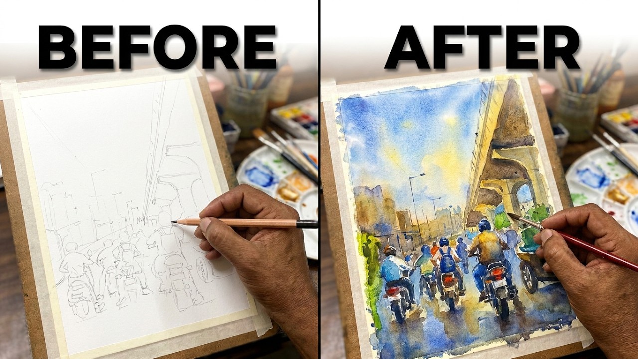 City Traffic Under Flyover | Watercolor Cityscape Painting Process | Silent🎨
