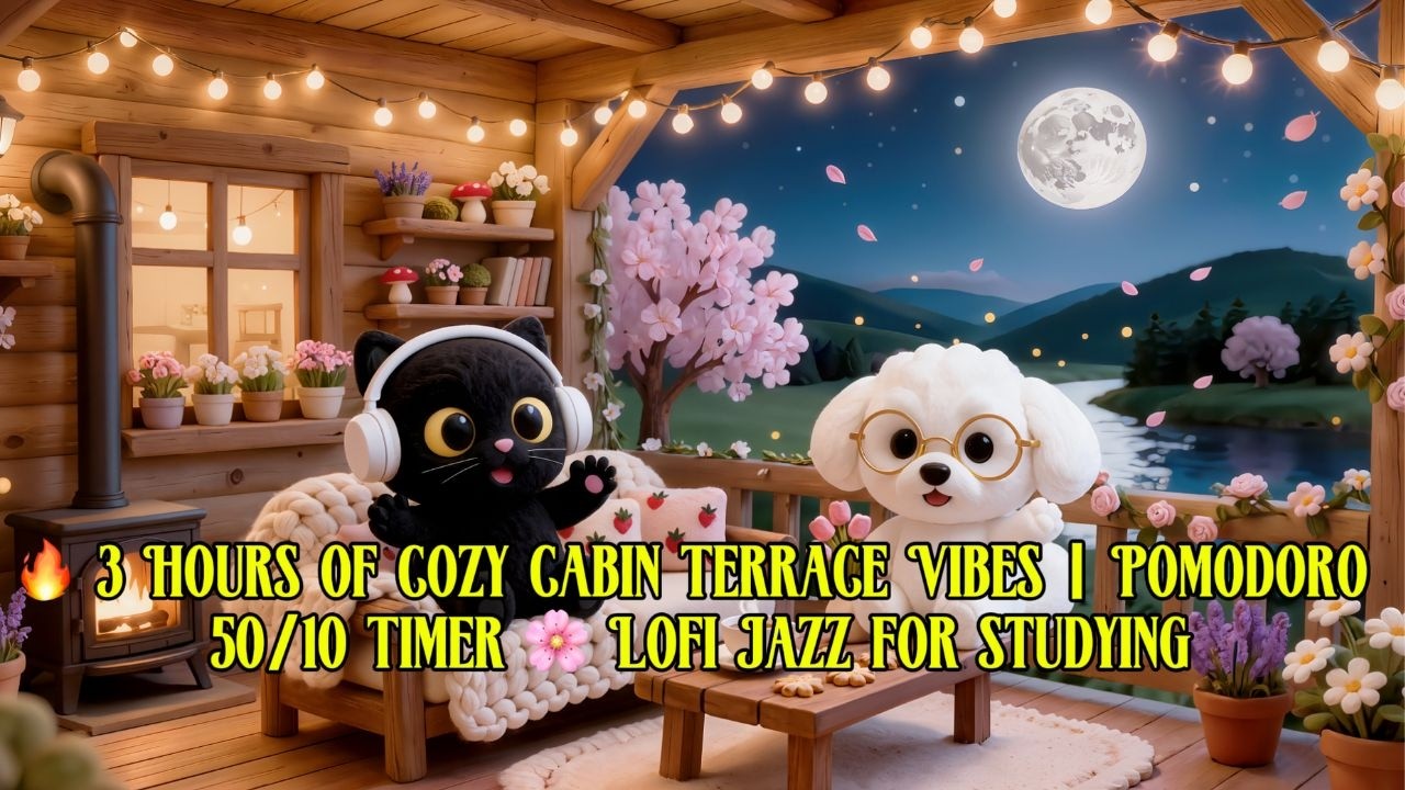 3 Hours of Cozy Cabin Terrace Vibes | Pomodoro 50/10 Timer 🌸 Lofi Jazz for Studying