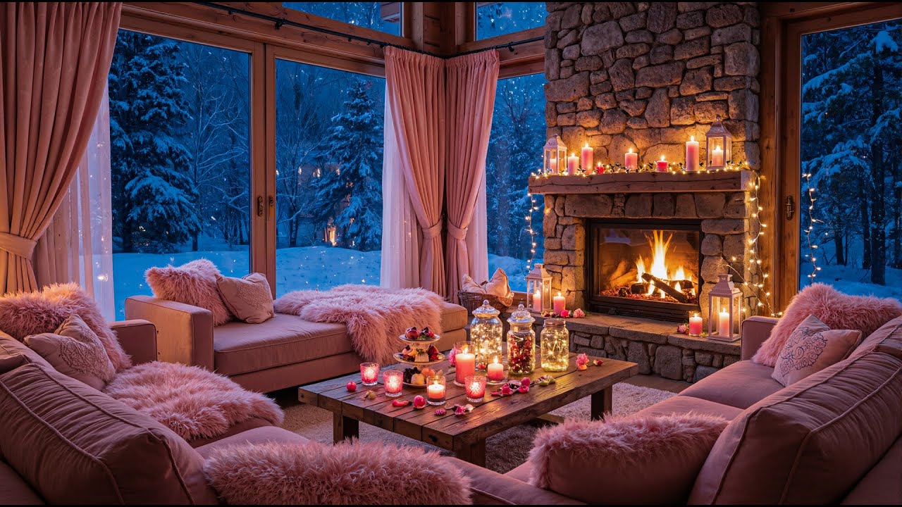 💕 Valentine Night Piano 🌆 Cozy Cabin with Fireplace Glow & Romantic Lights Ambience