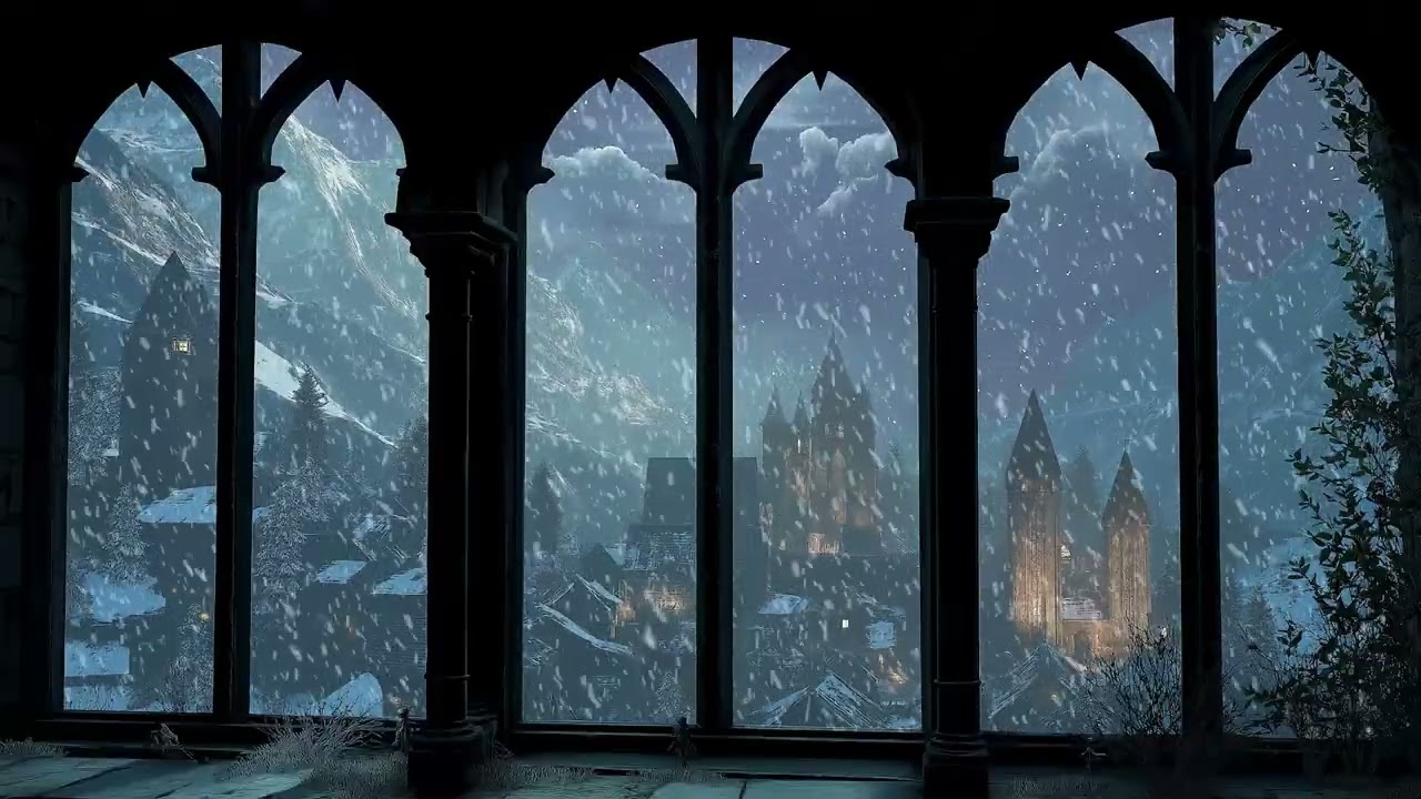 (No Ads) Medieval Winter Night Village Window – Soft Snow & Deep Calm