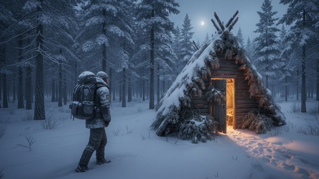 Surviving the Night ❄️🌲 Hidden from the Snowstorm — A Primitive Log Shelter | Nature ASMR