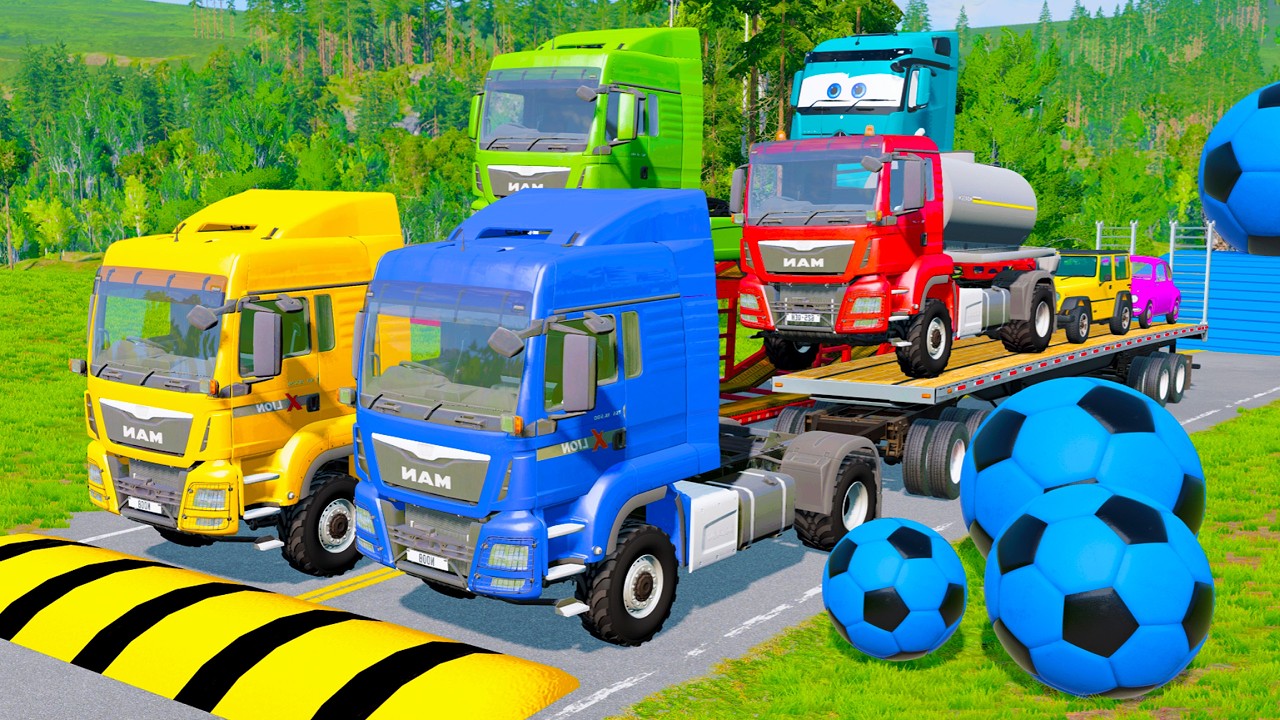 Flatbed Trailer McQueen Transportation with Truck - Speedbumps vs Cars vs Train - BeamNG.Drive #010