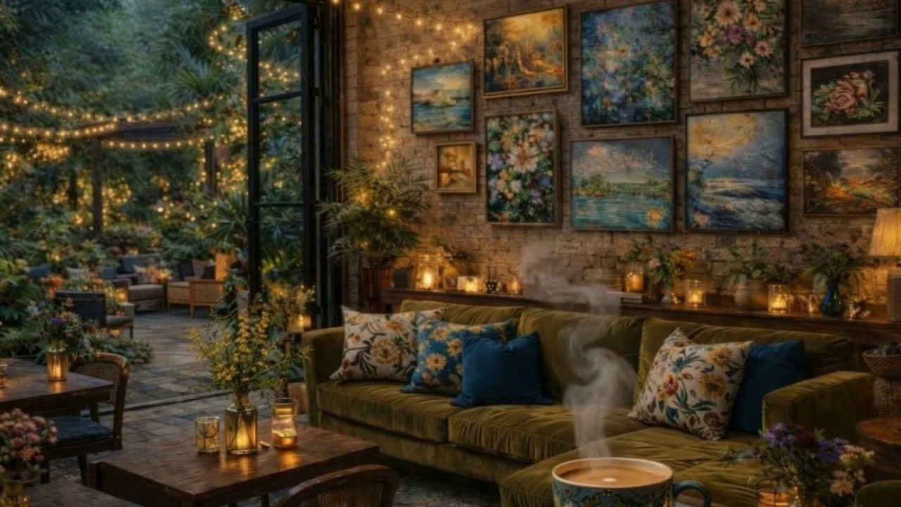 Evening Summer Garden Ambience| Cozy Art Café | Soft Piano