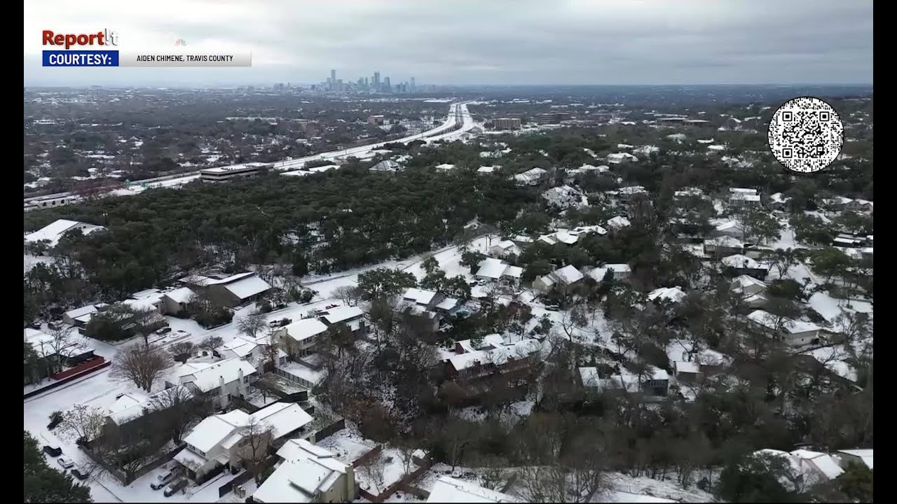 Drone views of snow, sleet and ice across Austin and Central Texas