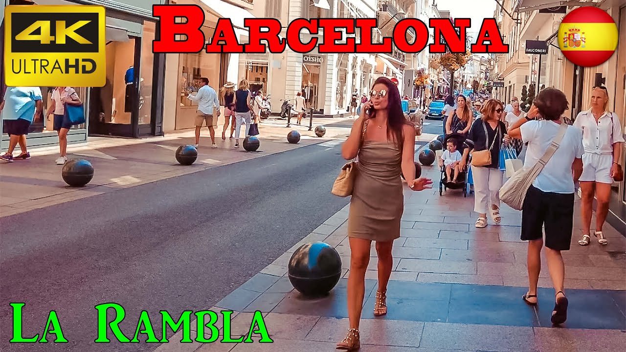 Барселона, Испания, La Rambla-Plaza Cataluña — 4k UHD 60fps — пешеходная экскурсия — с субтитрами