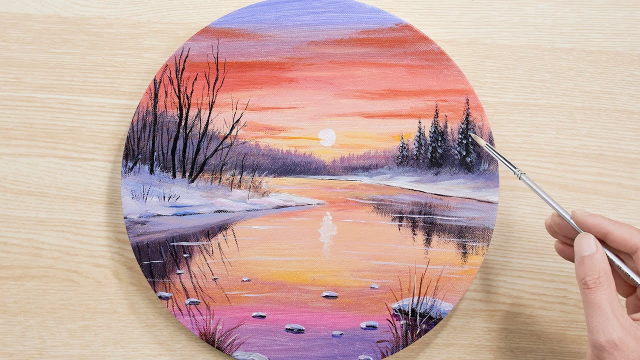 🎨 Painting a Winter Sunset Lake | Acrylic Step by Step