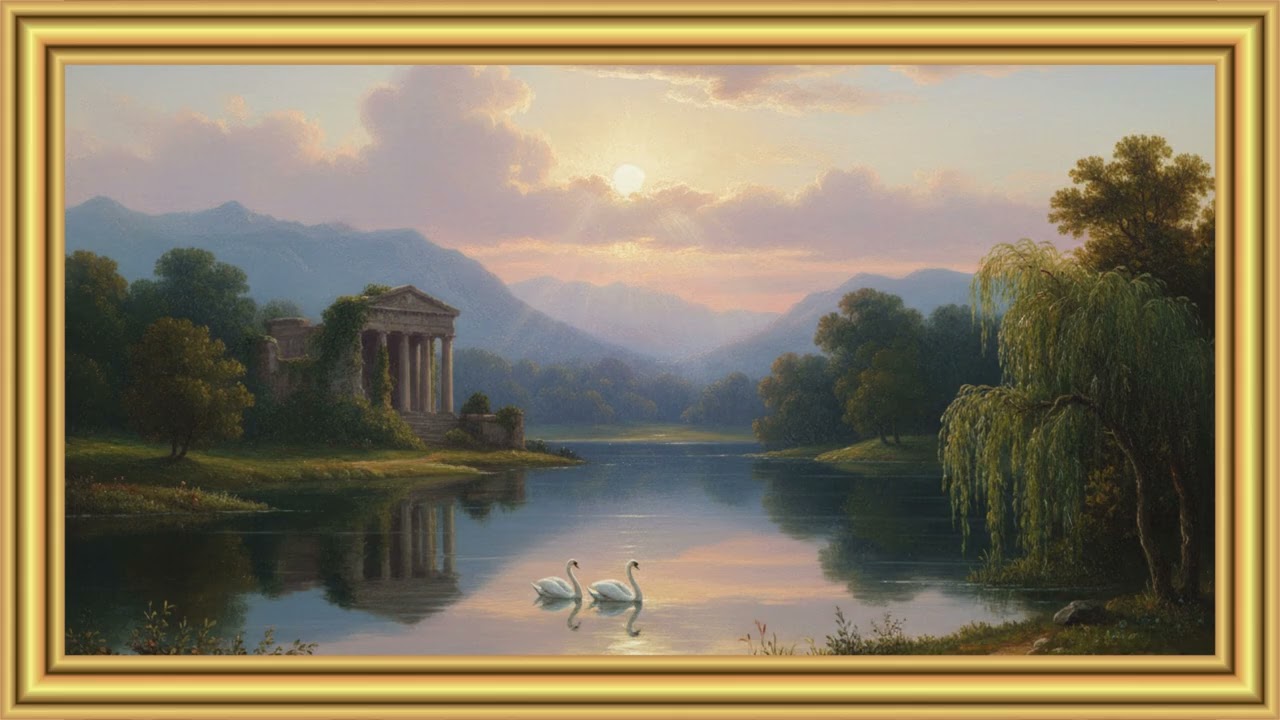 Peaceful Autumn Lake Landscape with Swans Romantic Nature Painting for Relaxation & Ambient Viewing