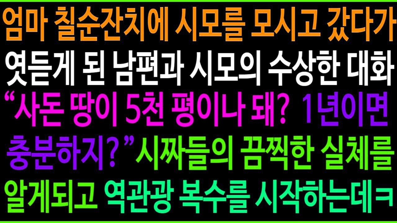 엄마 칠순잔치에 시모를 모시고 갔다가 엿듣게 된 남편과 시모의 수상한 대화, '사돈 땅 5천평   1년이면 충분하지 ' 역관광 복수를 시작했습니다ㅋ