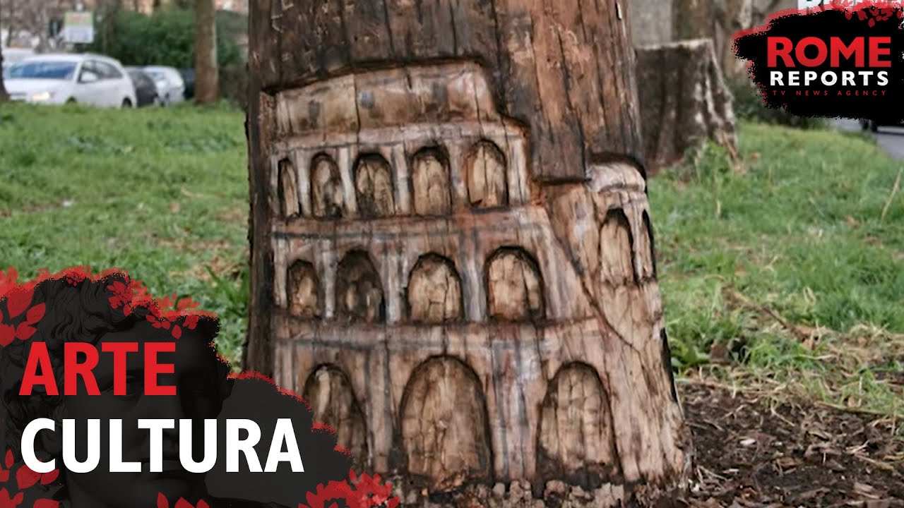 Artist transforms tree trunks in Rome into impressive sculptures